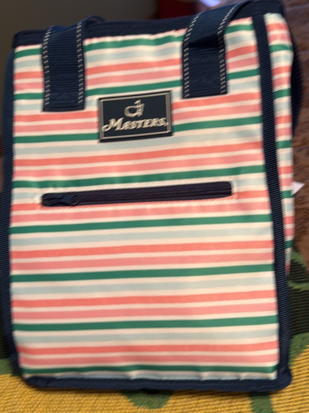 Masters Striped Tote in Coral, Mint Green & Navy Trim